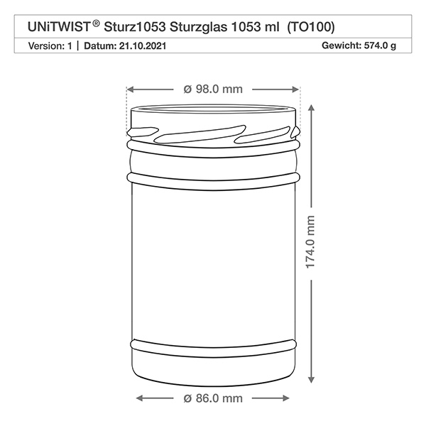 1053ml Sturzglas mit BasicSeal Deckel gold UN..