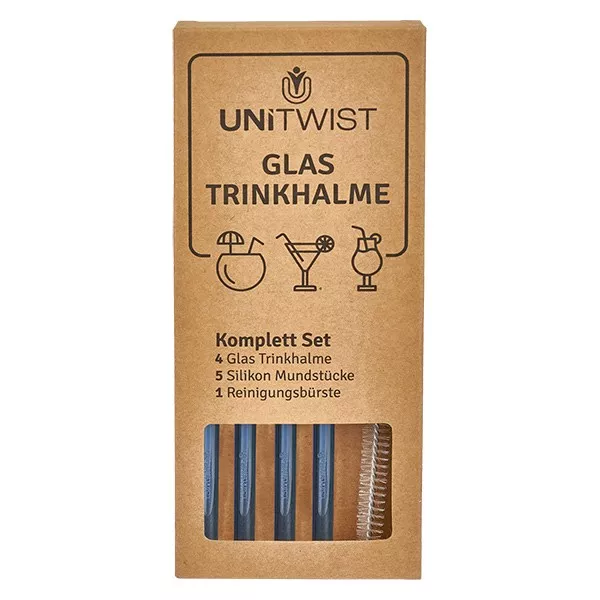 Glas Trinkhalm Set blau mit Softtips UNiTWIST