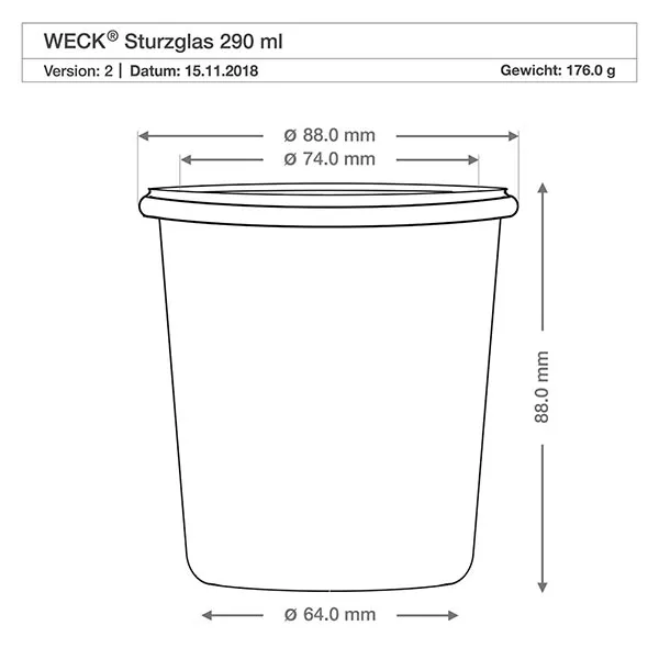 12er Set Weck Sturzgläser 290ml hoch, 1/5L Gläser